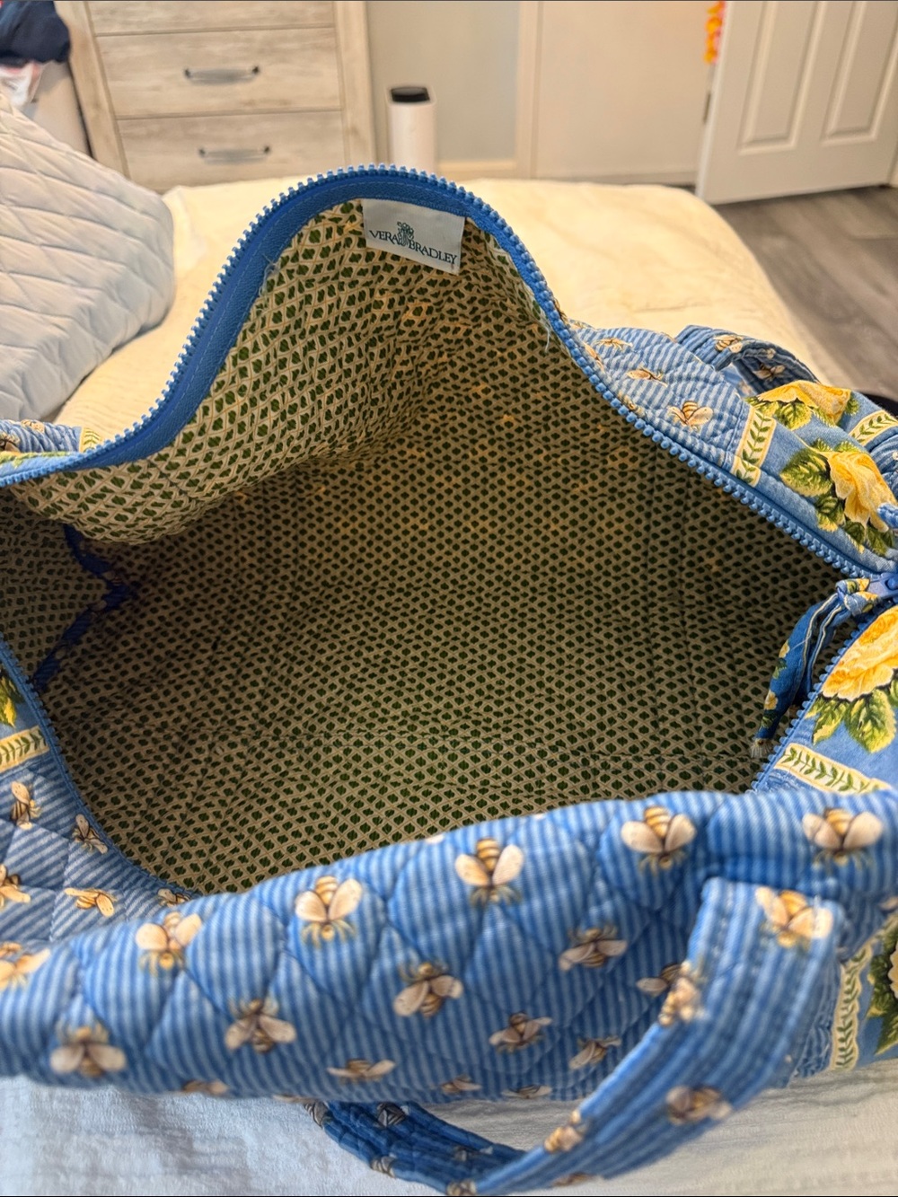 Vera Bradley Blue Quilted Floral Travel Duffel with Yellow Rose Trim - Picture 5 of 6